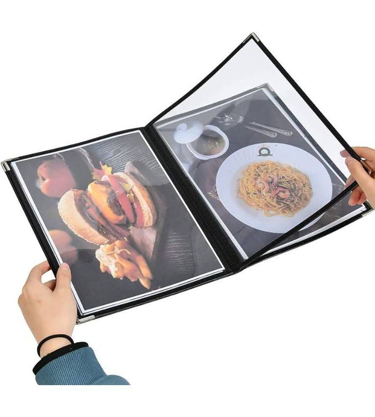 Menu de restaurant en plastique transparent avec bord en cuir , 6 pages, 12 vues, format A4 8,5 x 11 pouces